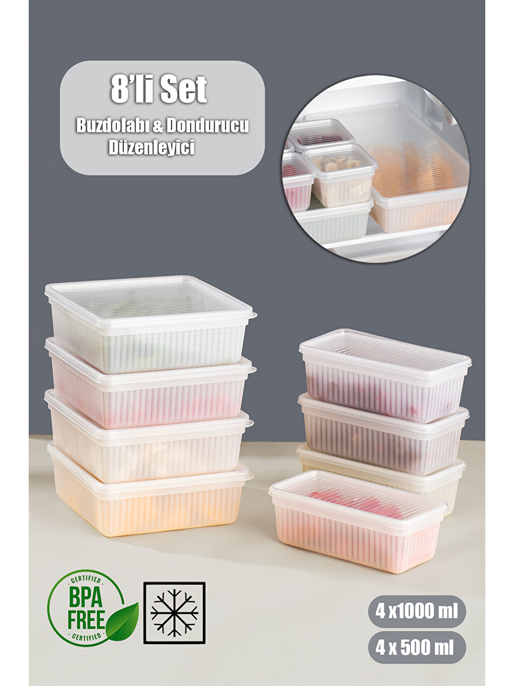 2011 8'li Buzluk Buzdolabı Düzenleyici Derin Dondurucuya Uygun Bakliyat Saklama Kabı Seti -Beyaz-1