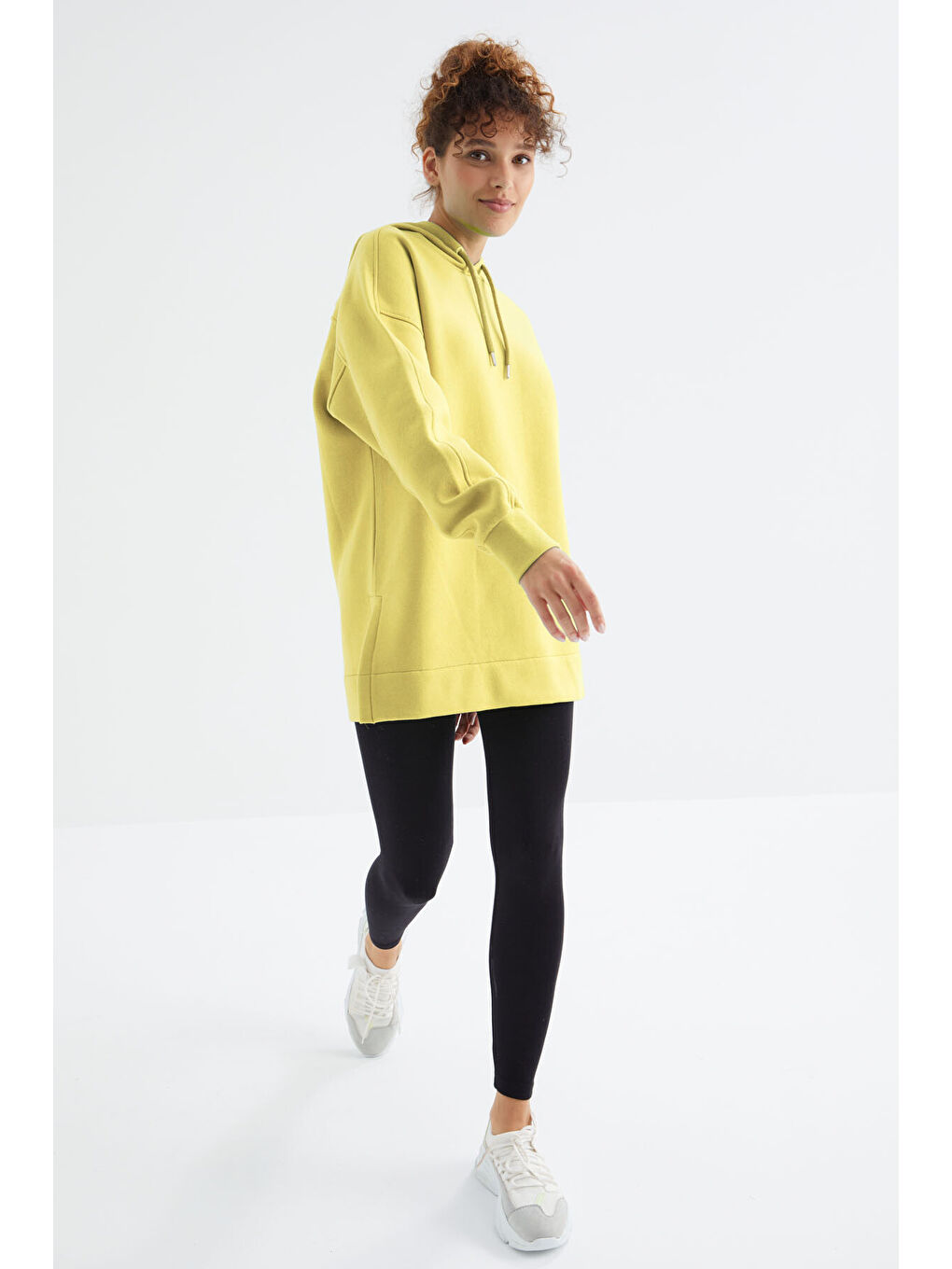Sarı Limon Reglan Kol Basic Kapüşonlu Oversize Tunik - 97242-1