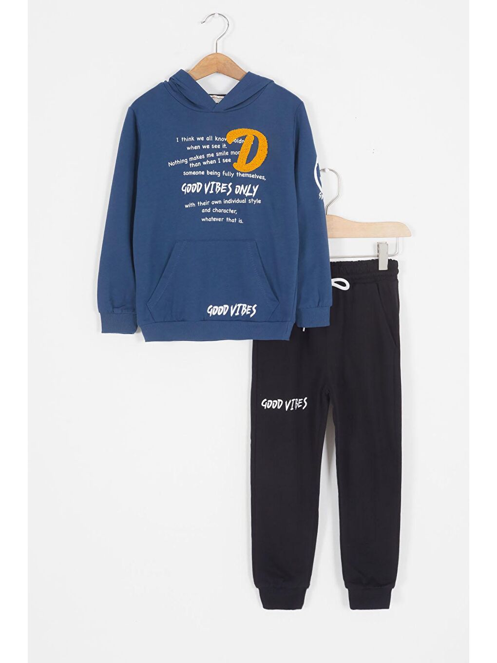 Lacivert Good Vibes Yazılı Kapüşonlu Erkek Çocuk Eşofman Takımı 16791