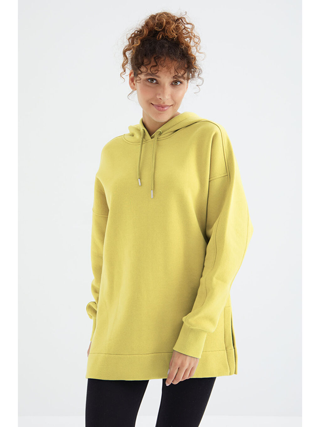 Sarı Limon Reglan Kol Basic Kapüşonlu Oversize Tunik - 97242-2