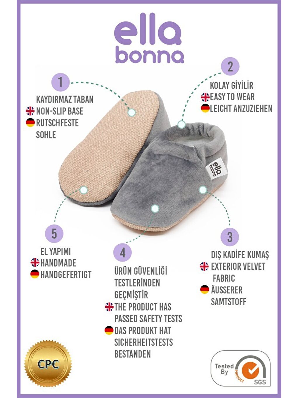 Gri Kadife Bebek Patiği, Kaydırmaz Taban, Kreş Ayakkabısı Patik-2