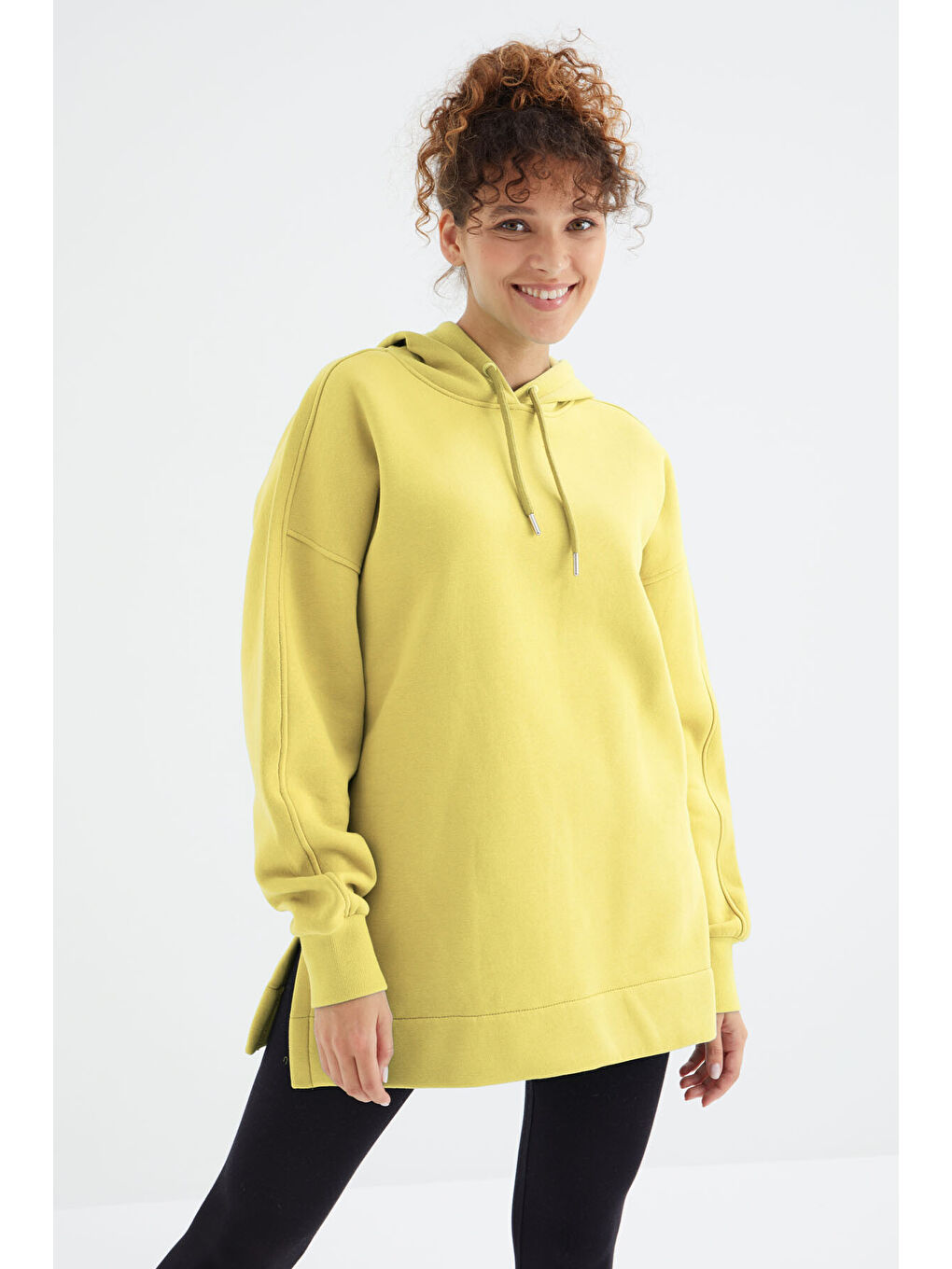 Sarı Limon Reglan Kol Basic Kapüşonlu Oversize Tunik - 97242-4