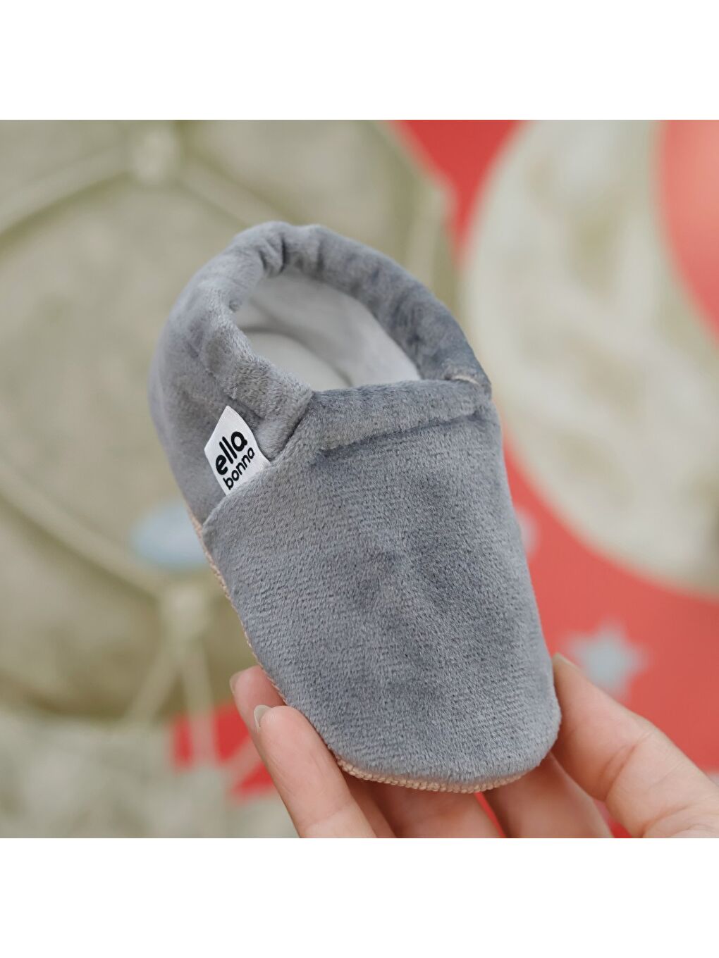 Gri Kadife Bebek Patiği, Kaydırmaz Taban, Kreş Ayakkabısı Patik-4