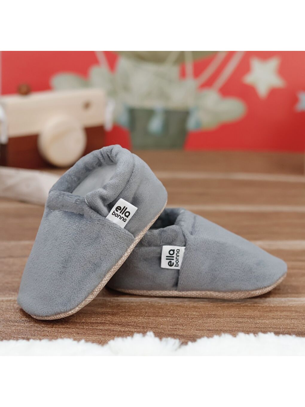 Gri Kadife Bebek Patiği, Kaydırmaz Taban, Kreş Ayakkabısı Patik-5