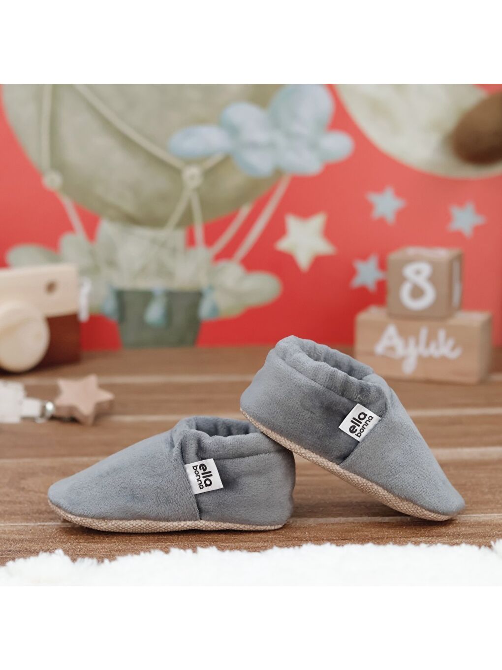 Gri Kadife Bebek Patiği, Kaydırmaz Taban, Kreş Ayakkabısı Patik-6