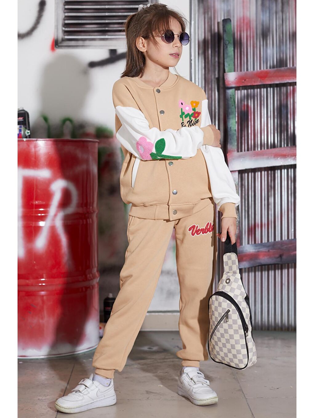 Ekru Krem Çiçekli Kolej Ceketli Kız Çocuk Şardonlu Eşofman Takımı 16820