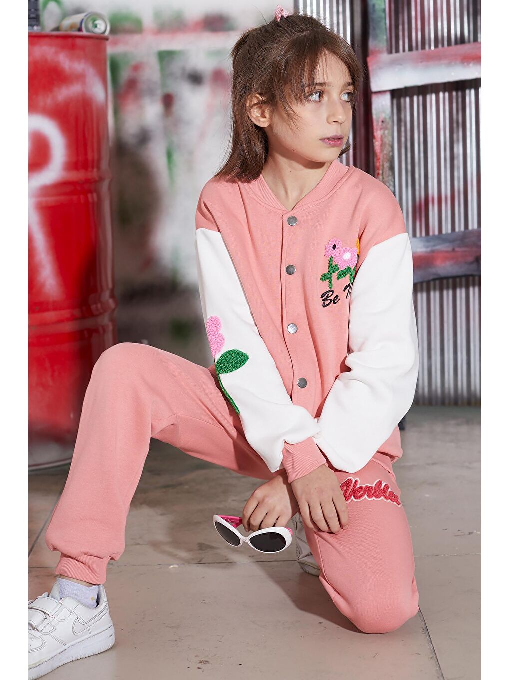 Pembe Çiçekli Kolej Ceketli Kız Çocuk Şardonlu Eşofman Takımı 16819-1