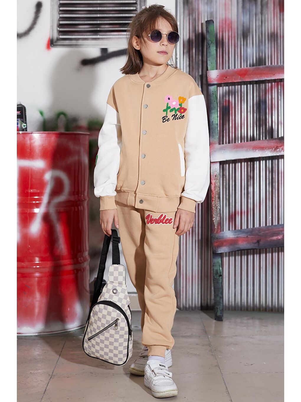 Ekru Krem Çiçekli Kolej Ceketli Kız Çocuk Şardonlu Eşofman Takımı 16820-2