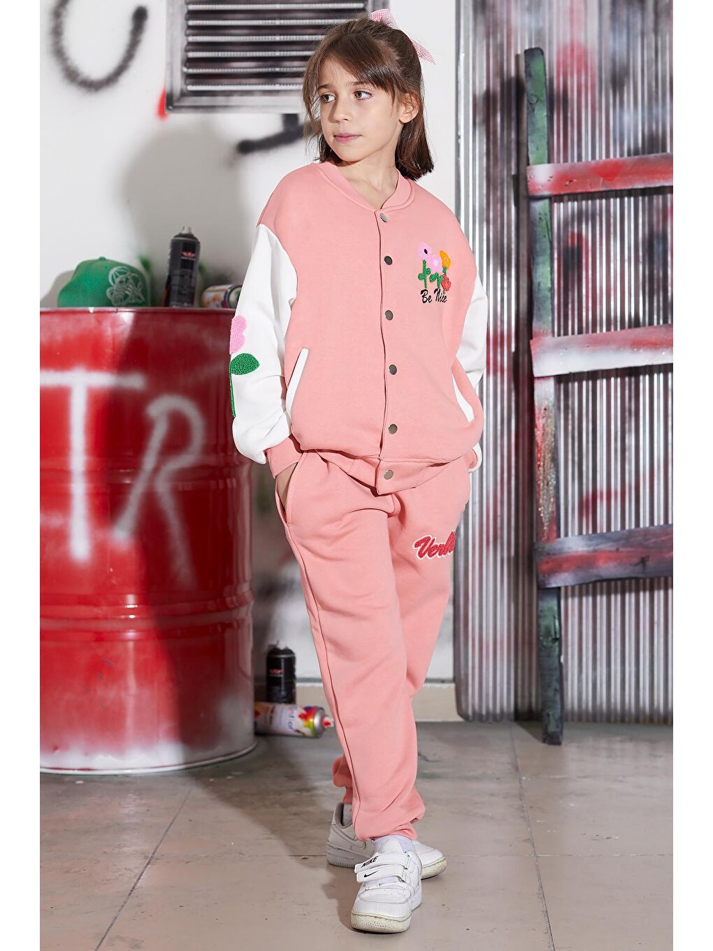 Pembe Çiçekli Kolej Ceketli Kız Çocuk Şardonlu Eşofman Takımı 16819-2