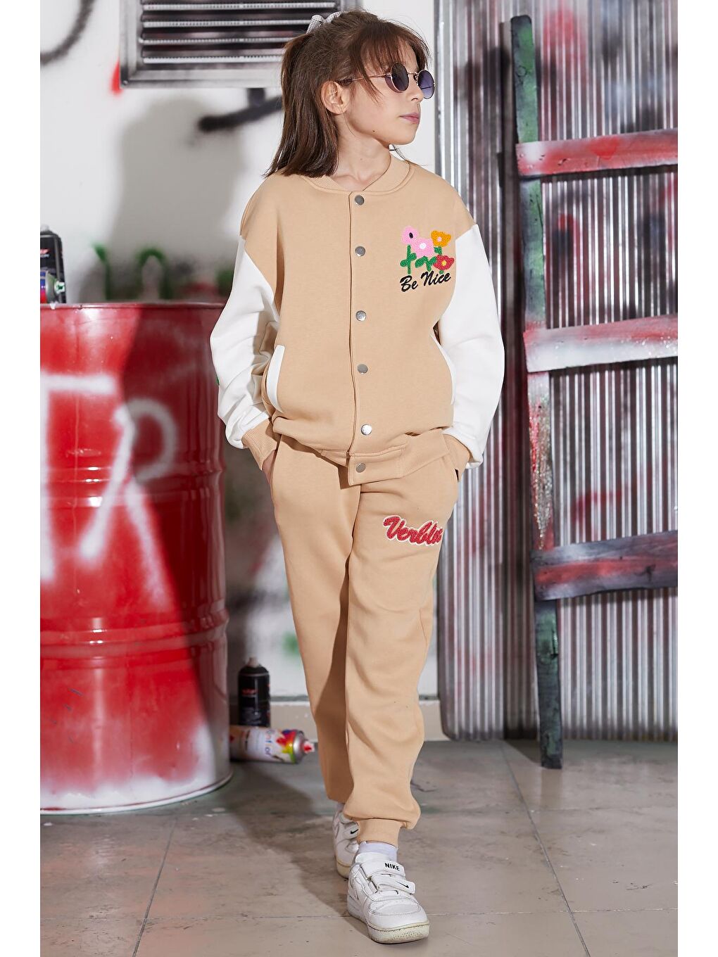 Ekru Krem Çiçekli Kolej Ceketli Kız Çocuk Şardonlu Eşofman Takımı 16820-3