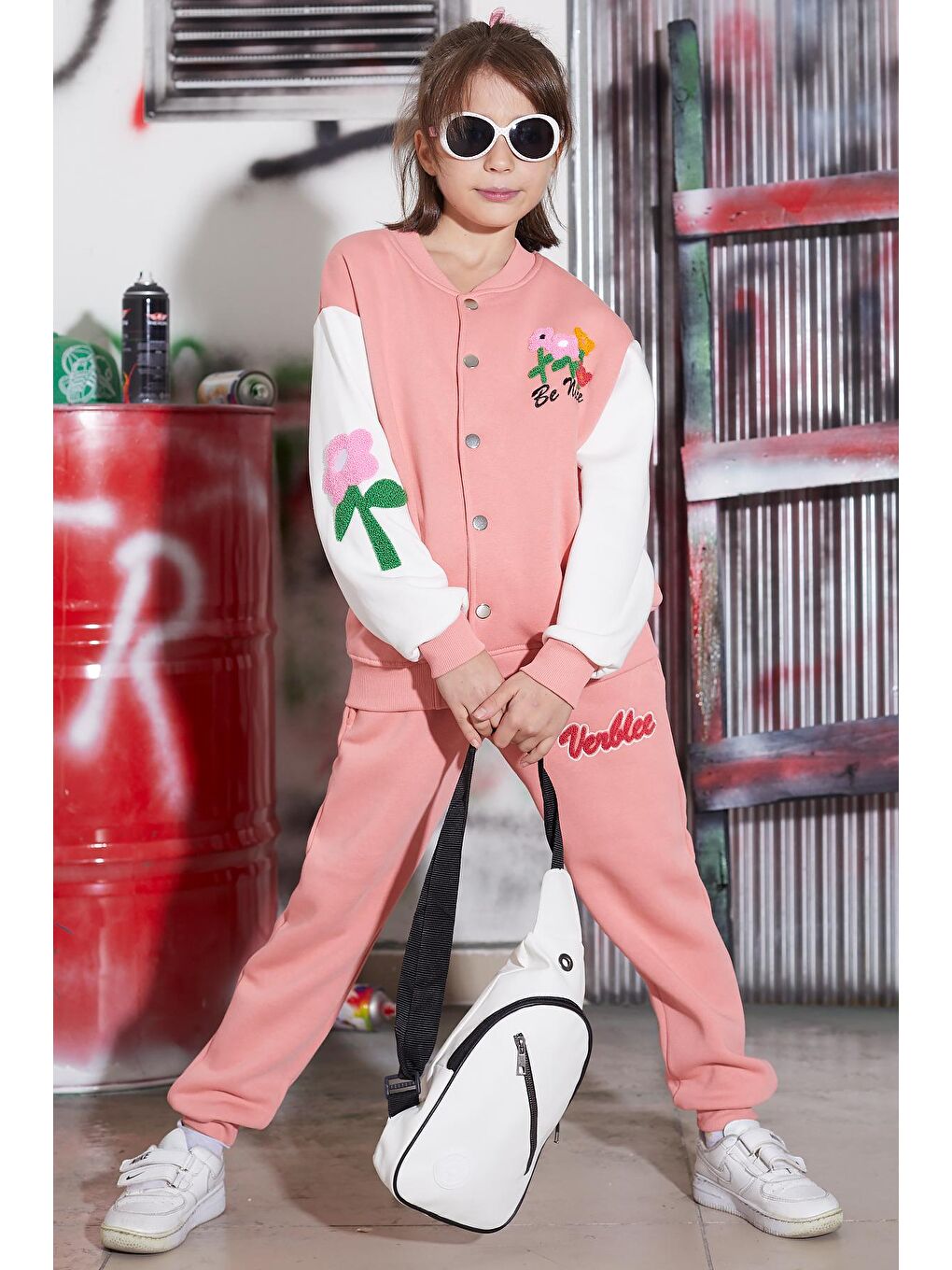 Pembe Çiçekli Kolej Ceketli Kız Çocuk Şardonlu Eşofman Takımı 16819-3