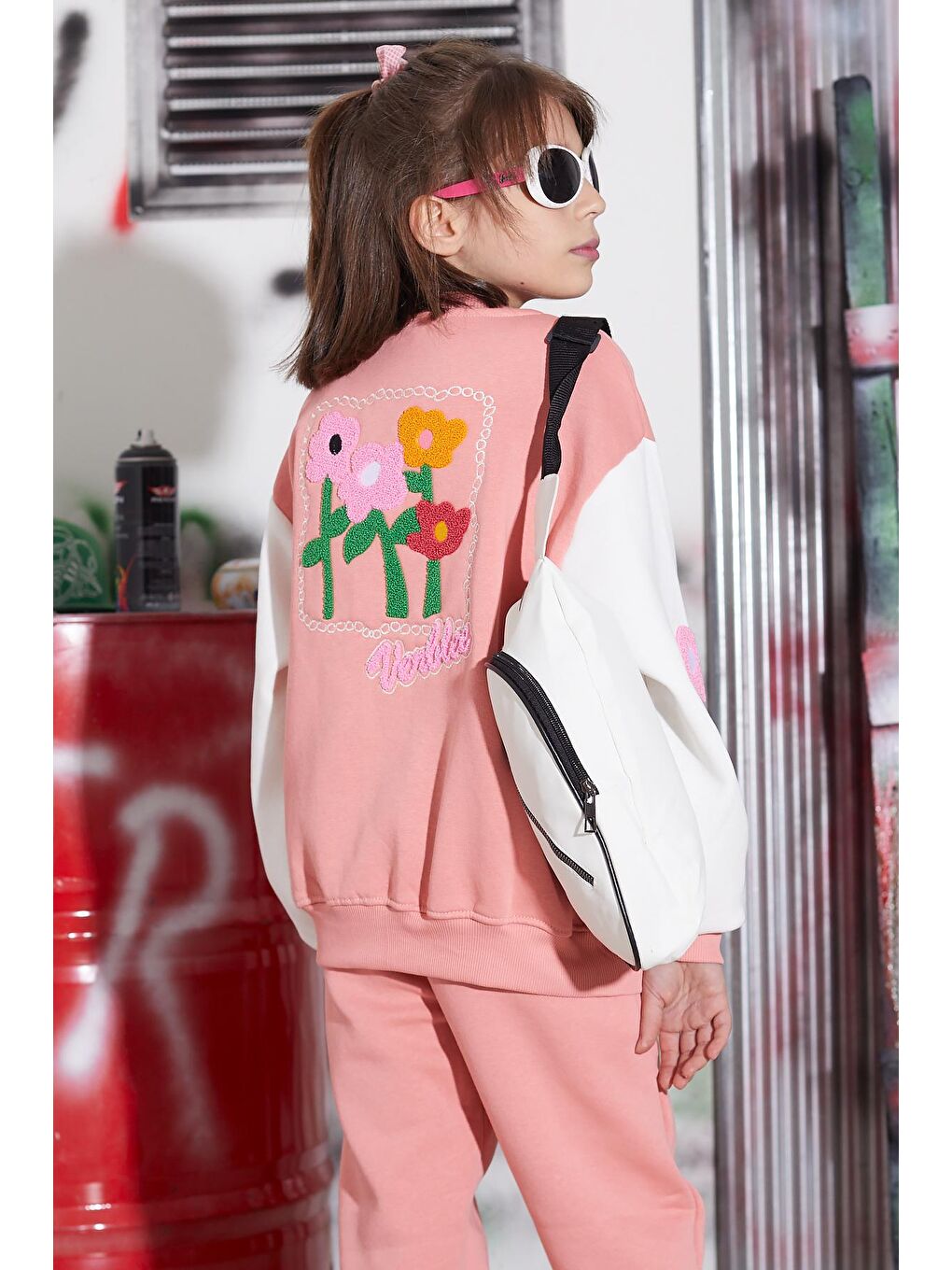 Pembe Çiçekli Kolej Ceketli Kız Çocuk Şardonlu Eşofman Takımı 16819-4