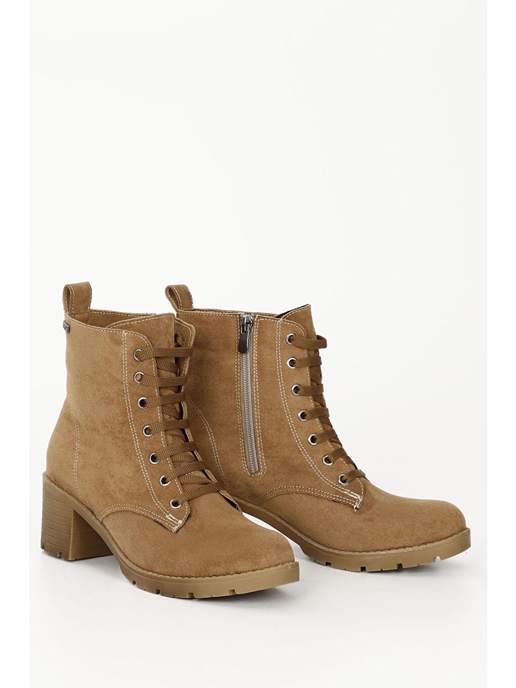 Kahverengi Topuklu Yuvarlak Burun Bağcıklı Fermuarlı Kadın Günlük Bot 35335