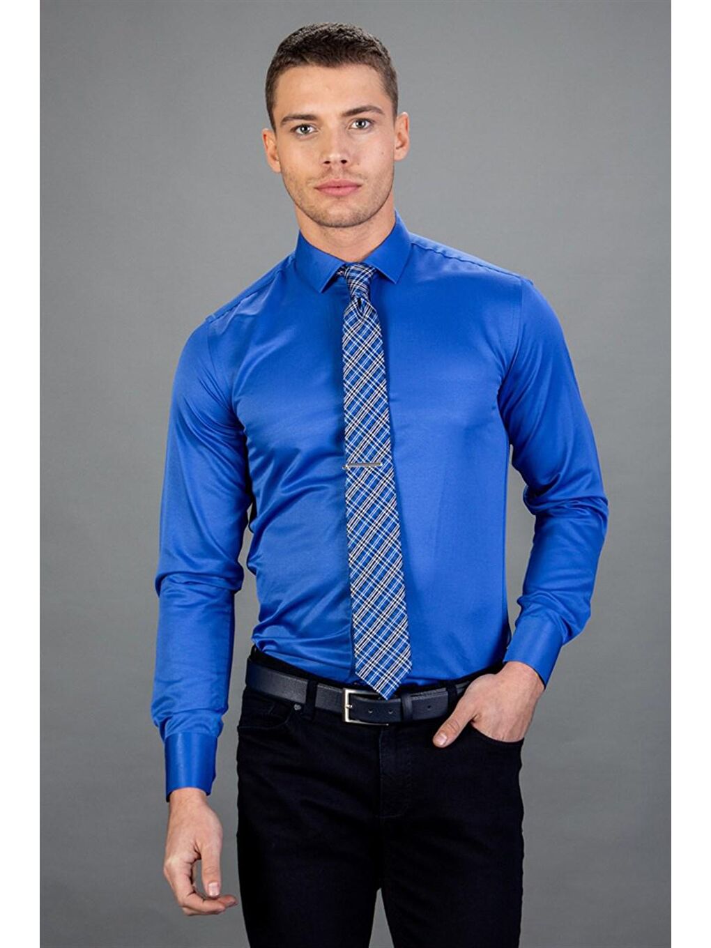 Modern Slim Fit Düz Saten Pamuklu Erkek Sax Mavi Gömlek