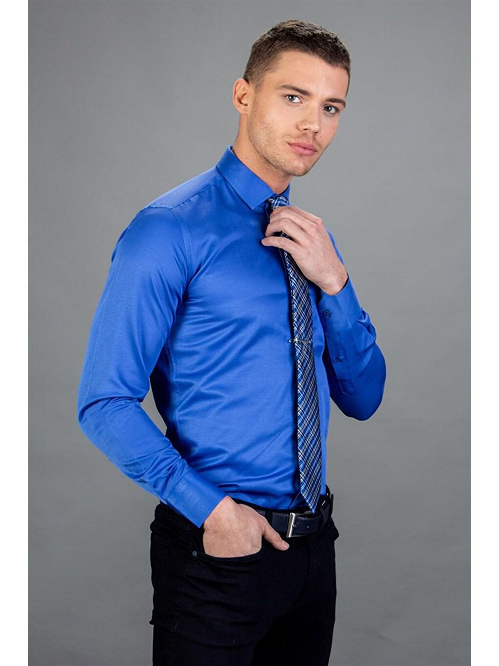 Modern Slim Fit Düz Saten Pamuklu Erkek Sax Mavi Gömlek-1