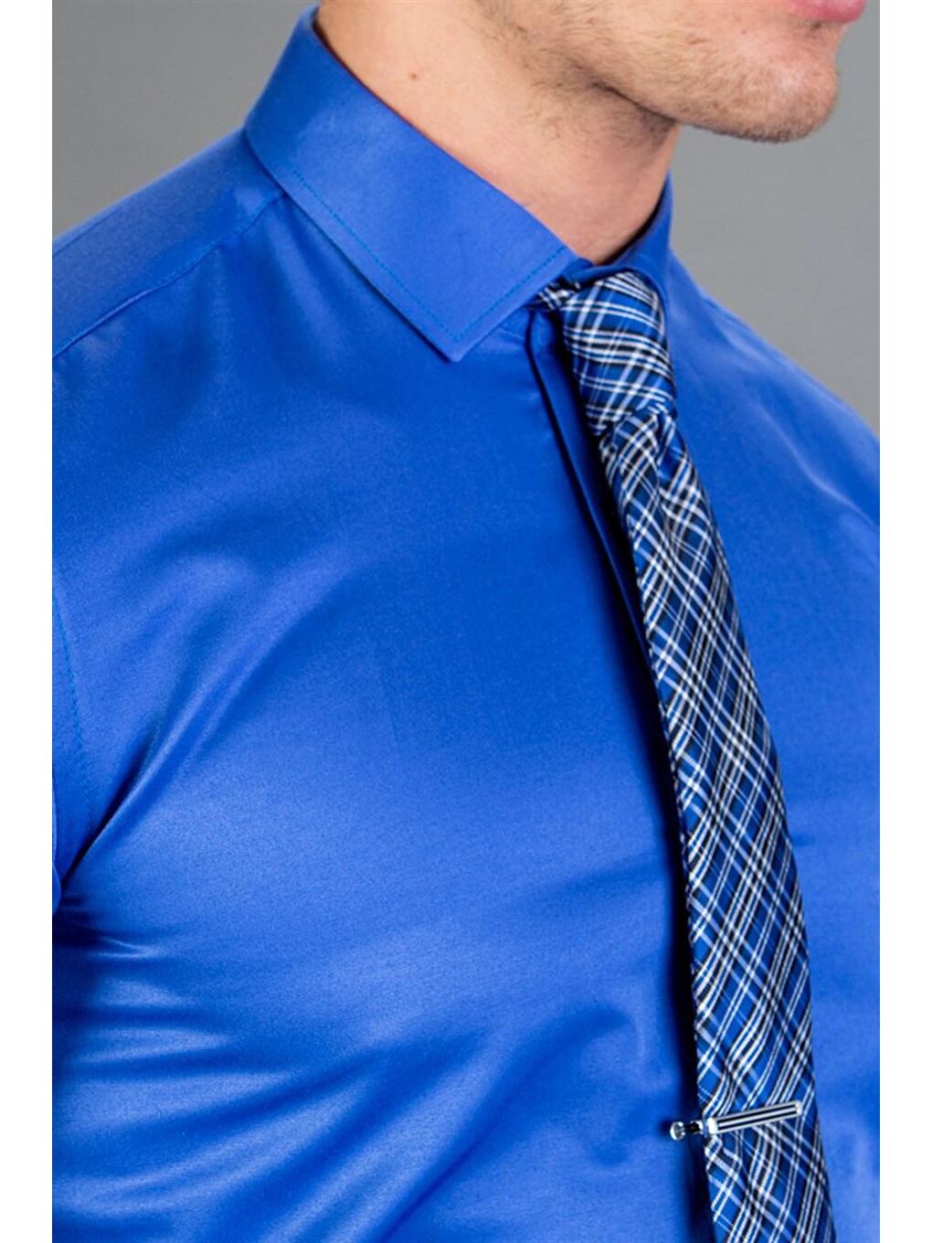 Modern Slim Fit Düz Saten Pamuklu Erkek Sax Mavi Gömlek-2