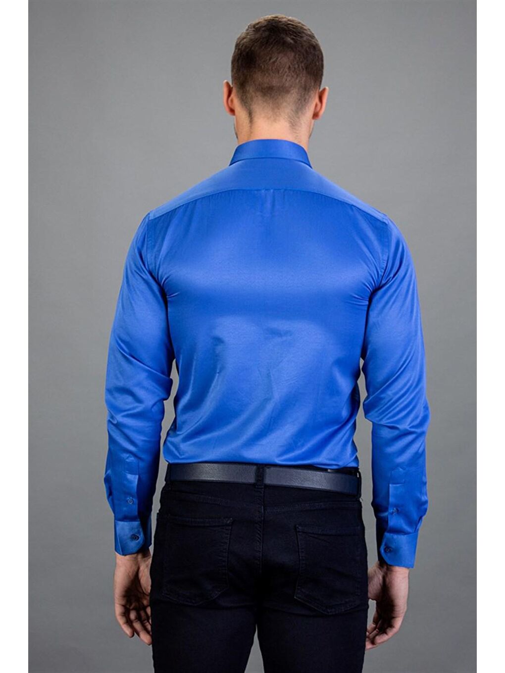 Modern Slim Fit Düz Saten Pamuklu Erkek Sax Mavi Gömlek-3