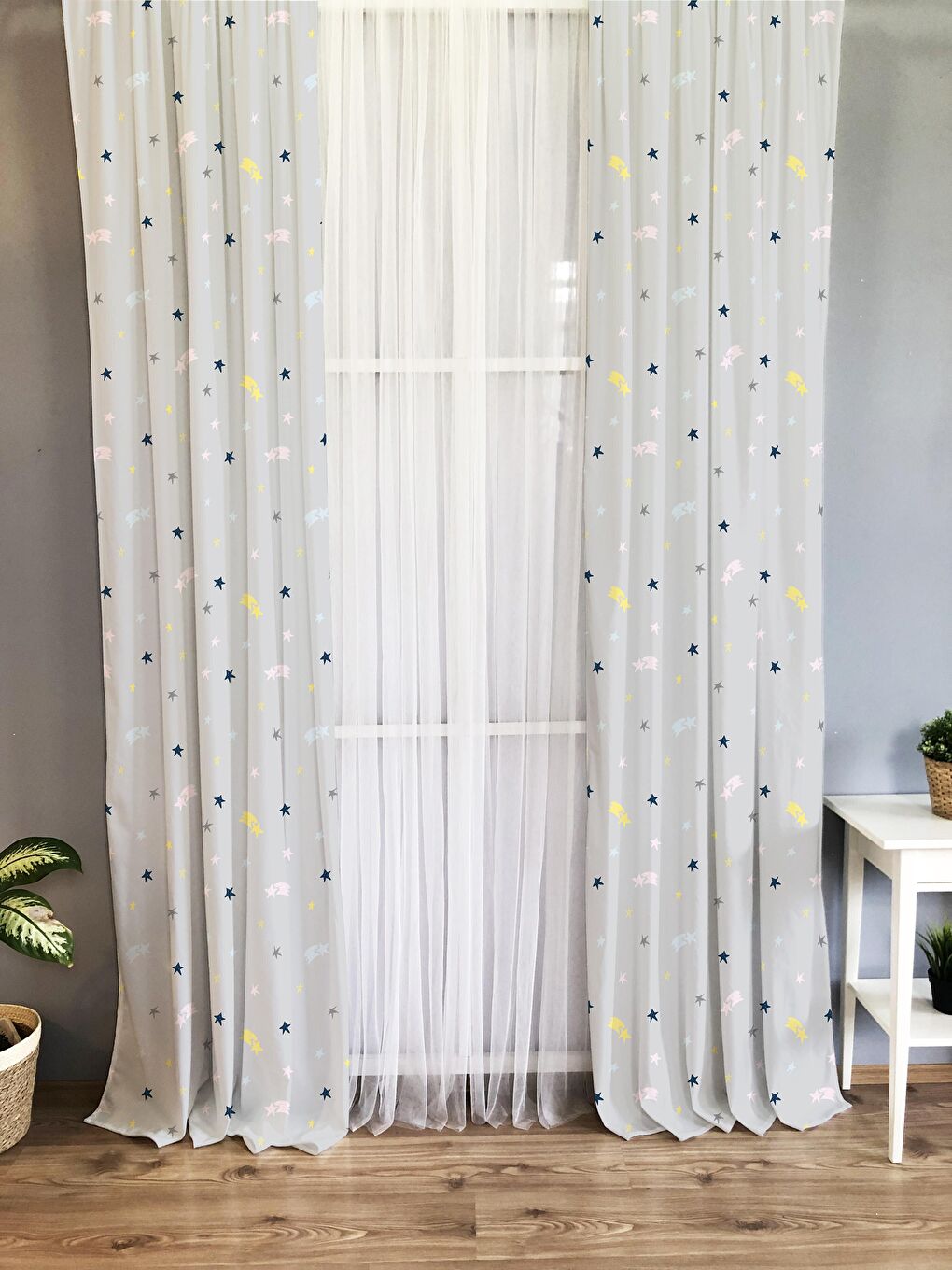 Karışık Yıldız Desenli Çocuk Ve Bebek Odası TEK KANAT Fon Perde