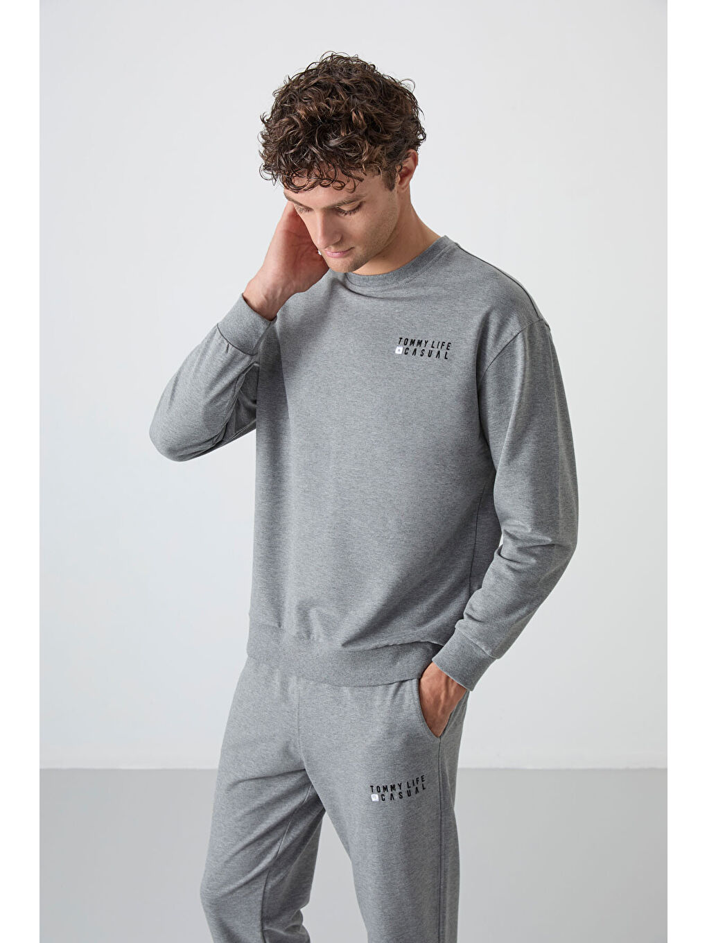 Gri Melanj Casual O Yaka Lastik Paça Erkek Oversize Eşofman Takımı - 85120-1