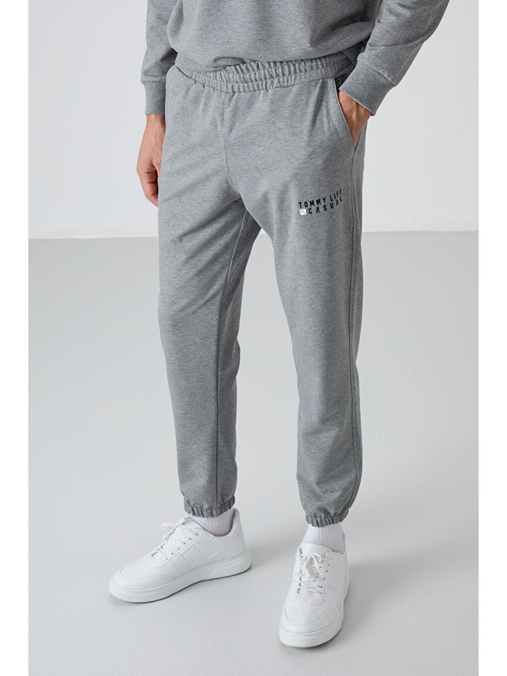 Gri Melanj Casual O Yaka Lastik Paça Erkek Oversize Eşofman Takımı - 85120-3