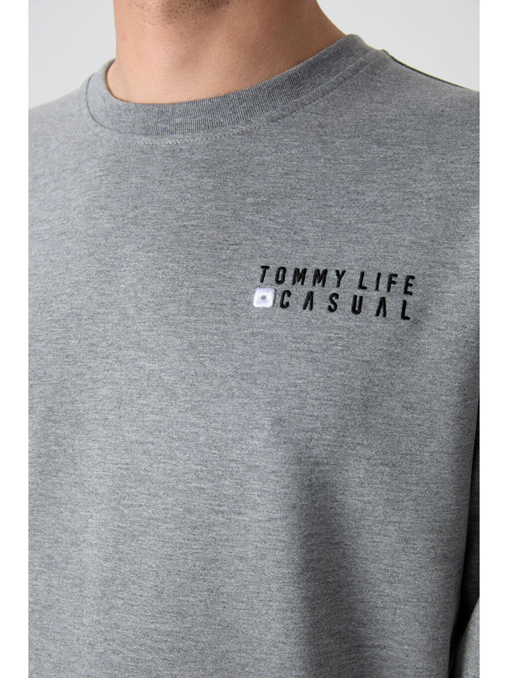 Gri Melanj Casual O Yaka Lastik Paça Erkek Oversize Eşofman Takımı - 85120-4