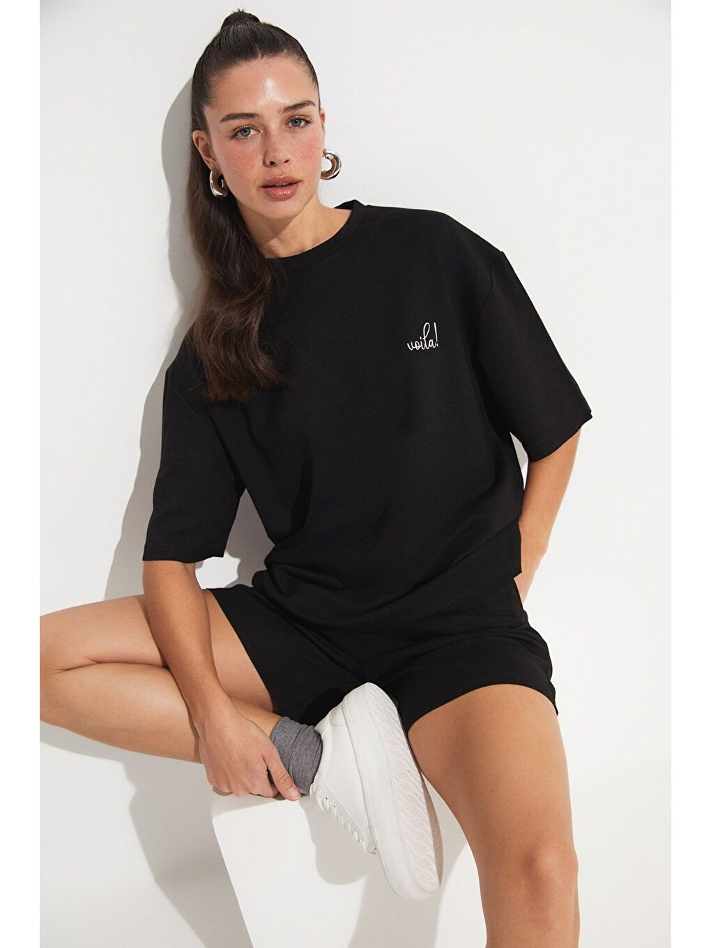 Siyah Oversize Tişört Şort Takım-5