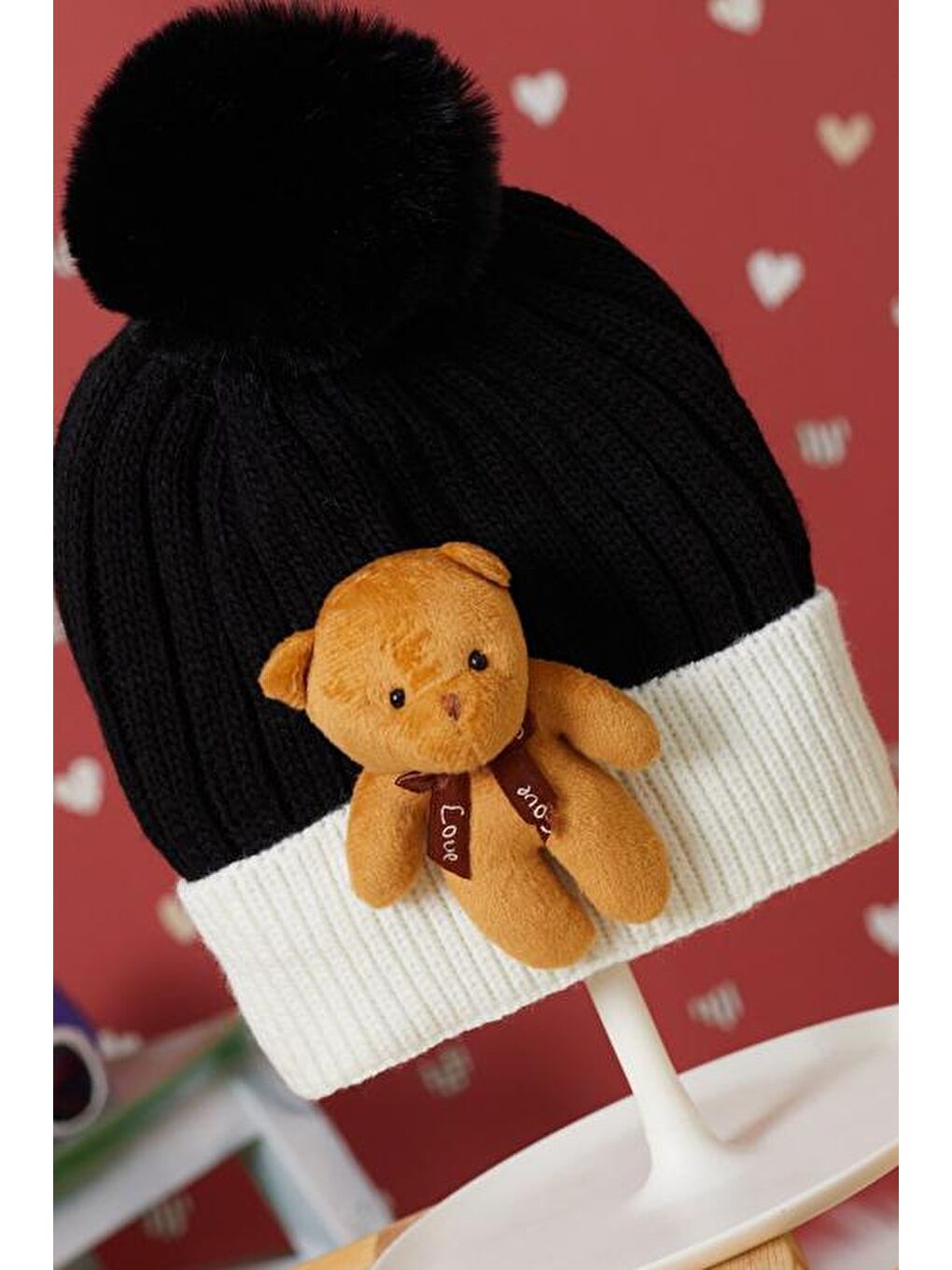 Siyah Sevimli Ayıcıklı Renkli Ponponlu Çocuk Bere 17235-2
