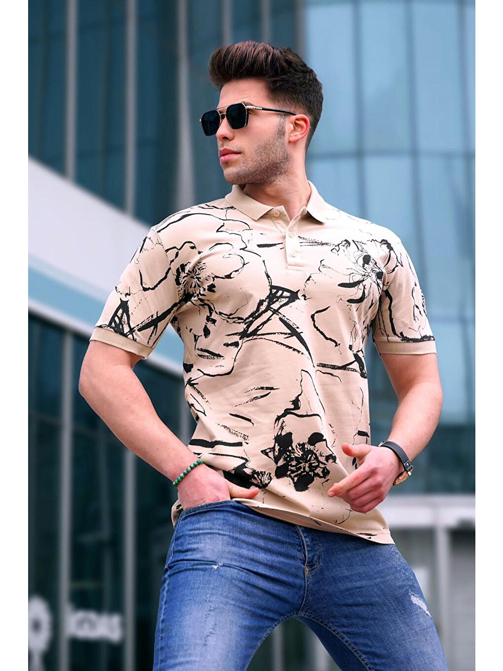 Bej Desenli Polo Yaka Erkek Tişört