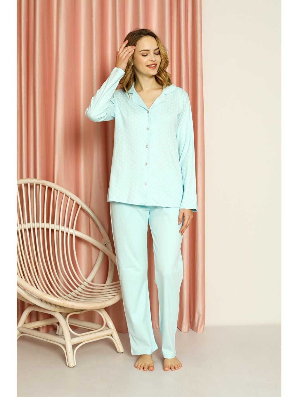 Mavi Kadın Pijama Takımı İnterlok Puanlı Boydan Düğmeli Pamuklu Mevsimlik