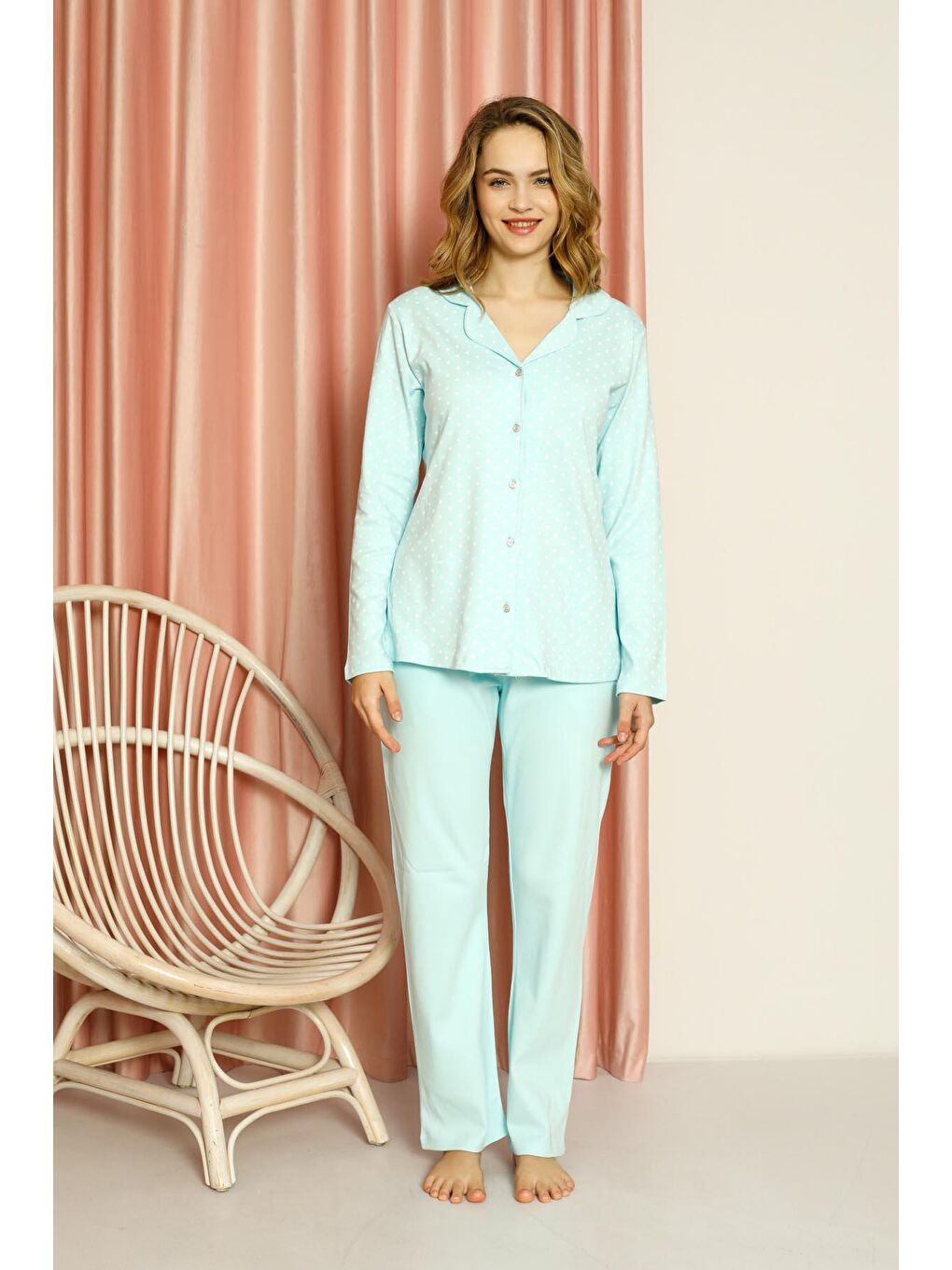 Mavi Kadın Pijama Takımı İnterlok Puanlı Boydan Düğmeli Pamuklu Mevsimlik-2