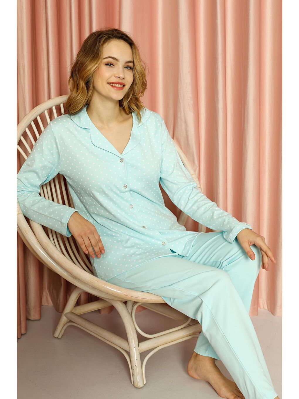 Mavi Kadın Pijama Takımı İnterlok Puanlı Boydan Düğmeli Pamuklu Mevsimlik-3