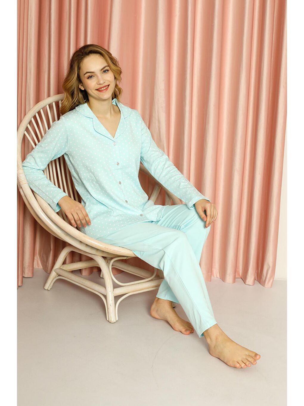 Mavi Kadın Pijama Takımı İnterlok Puanlı Boydan Düğmeli Pamuklu Mevsimlik-4