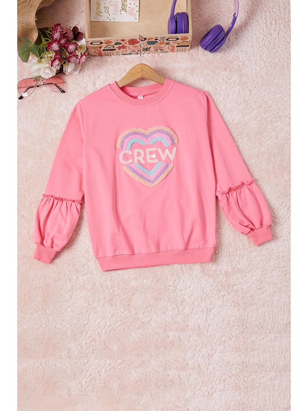 Pembe Life Kids Club Pembe Renkli Kalp Desenli Payetli Kız Çocuk Sweatshirt 16693