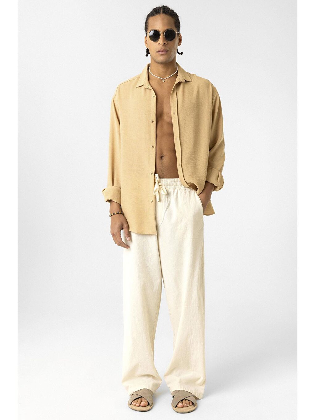 Bej Bel Lastikli Baggy Fit Keten Pantolon Naturel