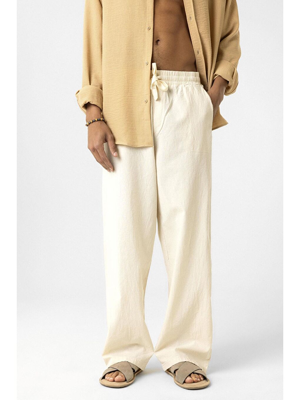 Bej Bel Lastikli Baggy Fit Keten Pantolon Naturel-1