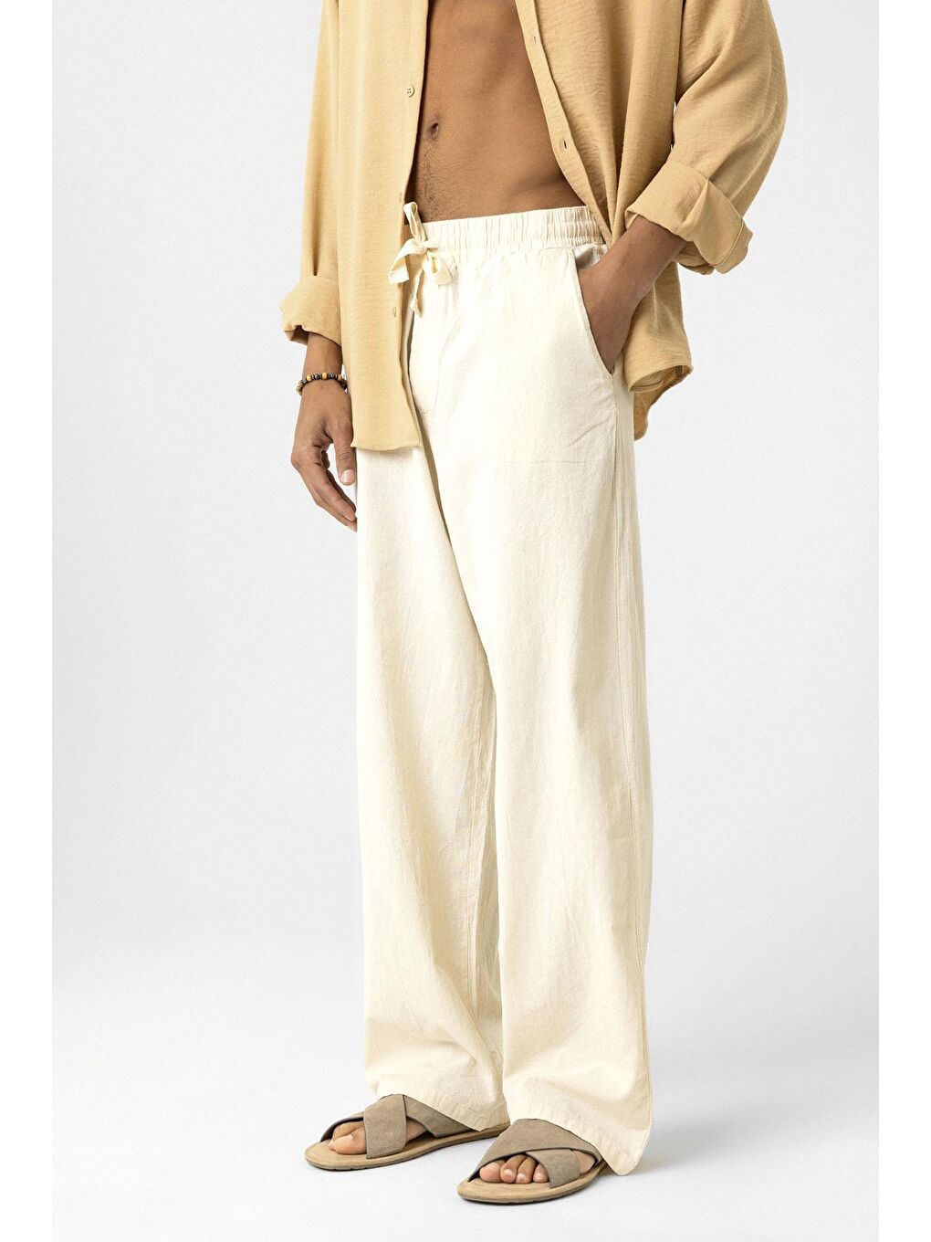 Bej Bel Lastikli Baggy Fit Keten Pantolon Naturel-2