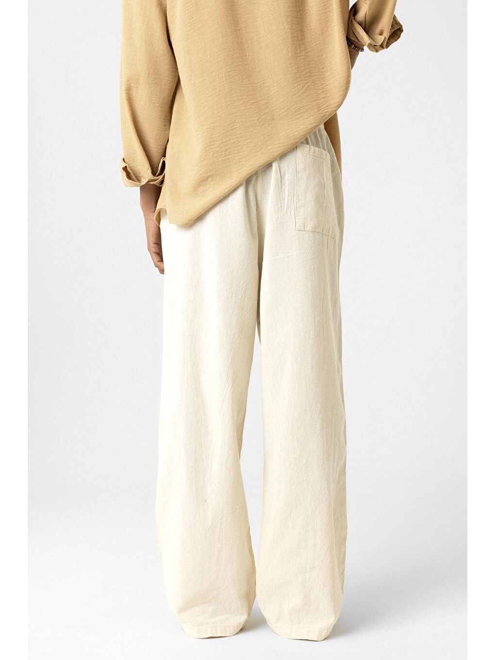 Bej Bel Lastikli Baggy Fit Keten Pantolon Naturel-3