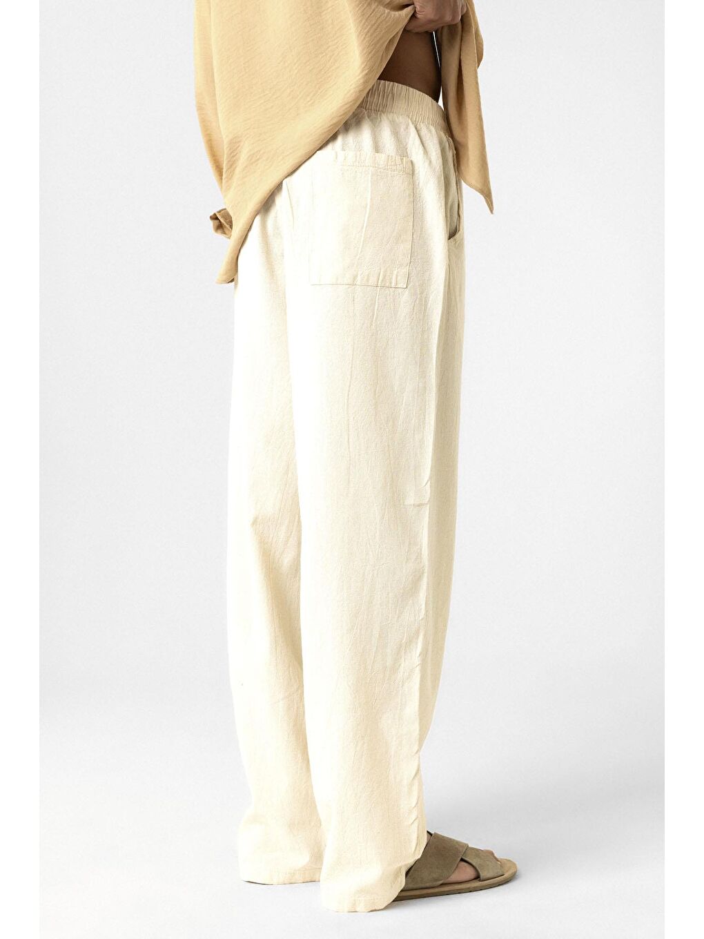 Bej Bel Lastikli Baggy Fit Keten Pantolon Naturel-4