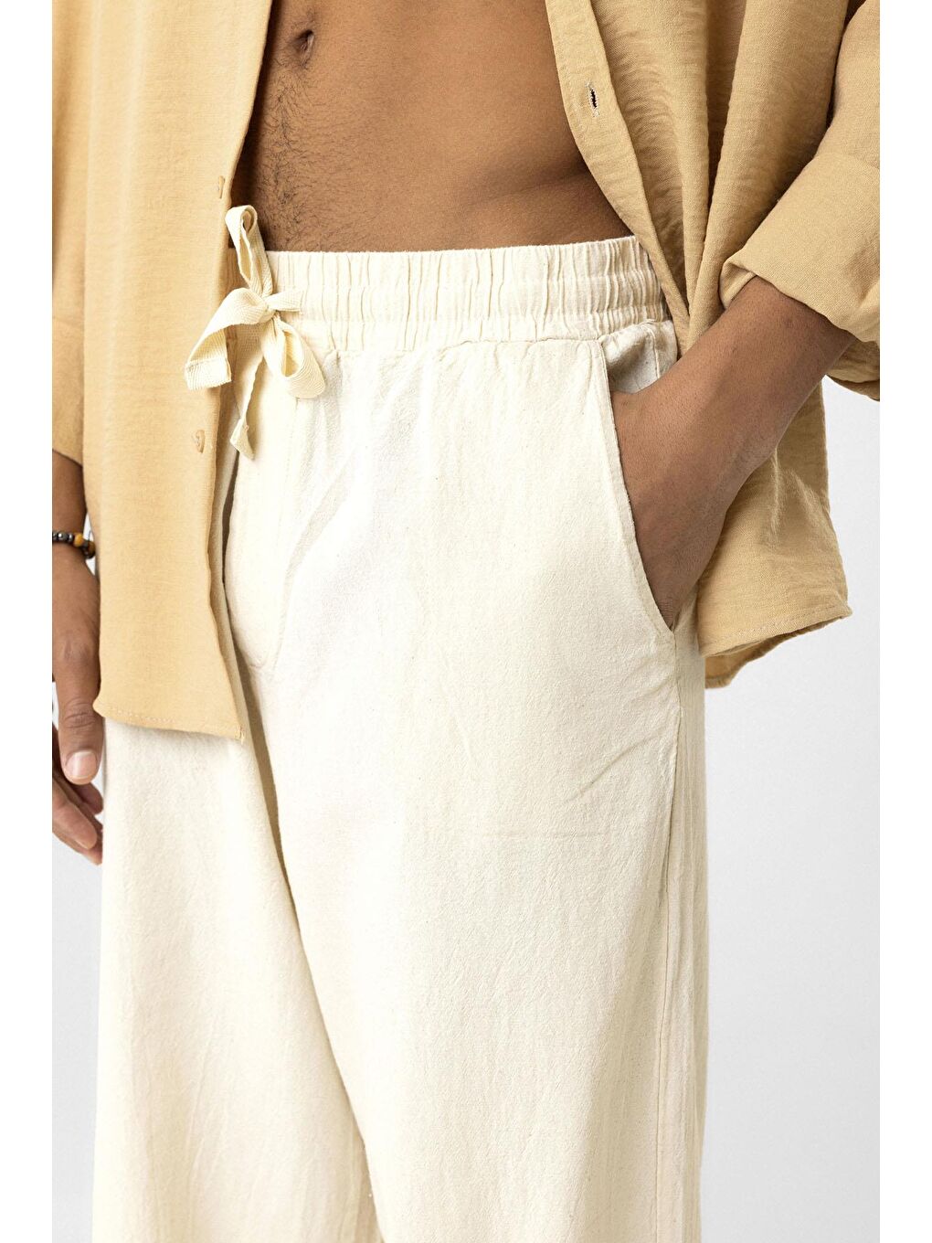 Bej Bel Lastikli Baggy Fit Keten Pantolon Naturel-5