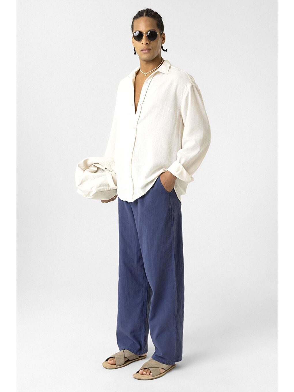 Bel Lastikli Baggy Fit Keten Pantolon Lacivert