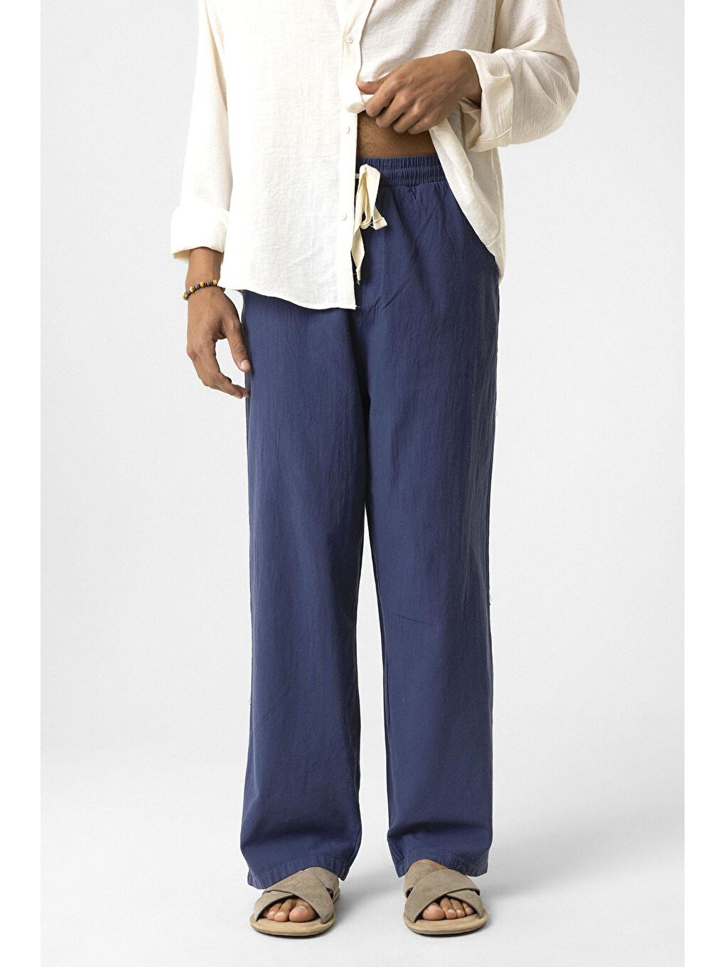 Bel Lastikli Baggy Fit Keten Pantolon Lacivert-1