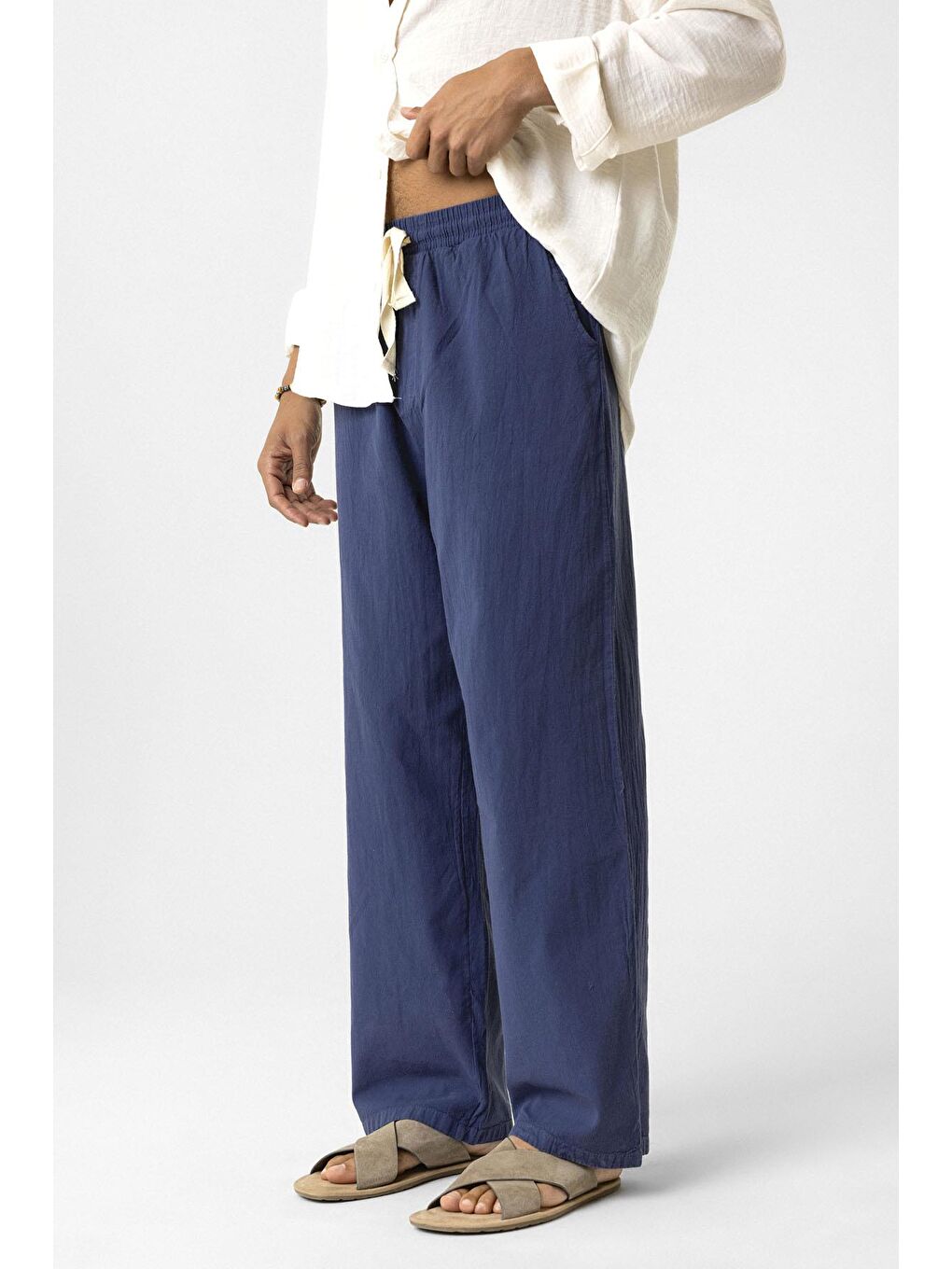 Bel Lastikli Baggy Fit Keten Pantolon Lacivert-2
