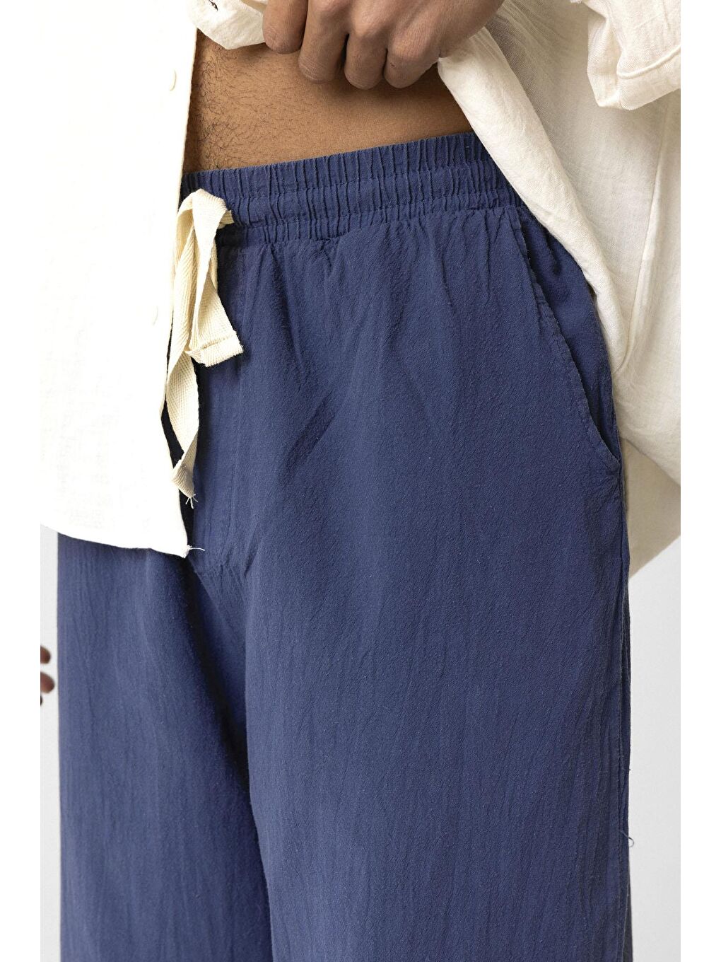 Bel Lastikli Baggy Fit Keten Pantolon Lacivert-3