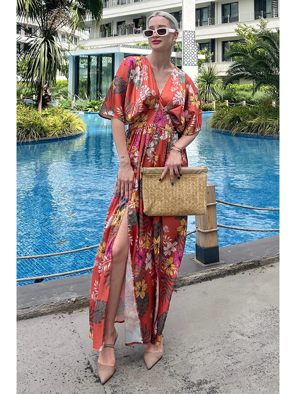 Pembe Desenli Yırtmaç Detaylı Uzun Elbise MG1698-1