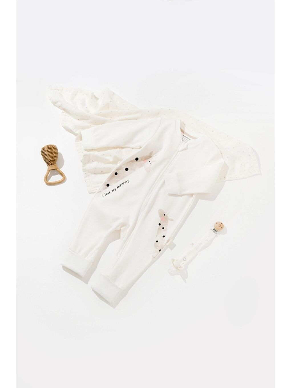 Ekru Organik Zürafa Desenli Fermuarlı Tulum csy3043