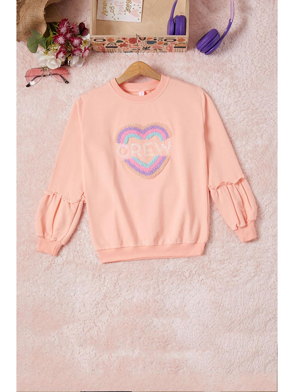 Pembe Life Kids Club Somon Renkli Kalp Desenli Payetli Kız Çocuk Sweatshirt 16694