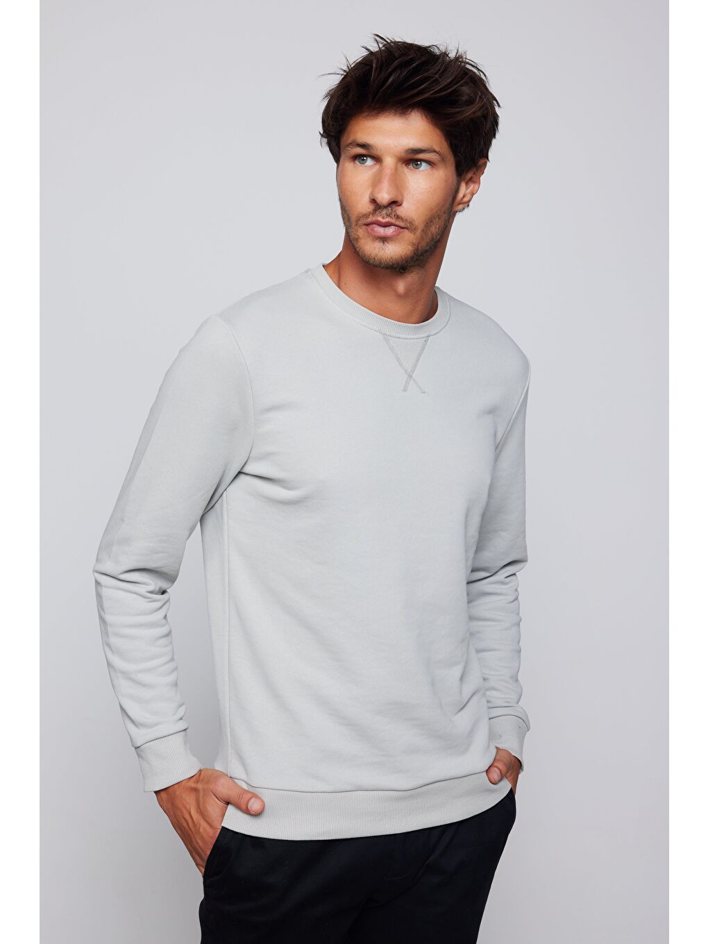 Bej Unisex Oversize Geniş Kesim %100 Pamuk Basic Taş Renk Bisiklet Yaka Sweatshirt-1