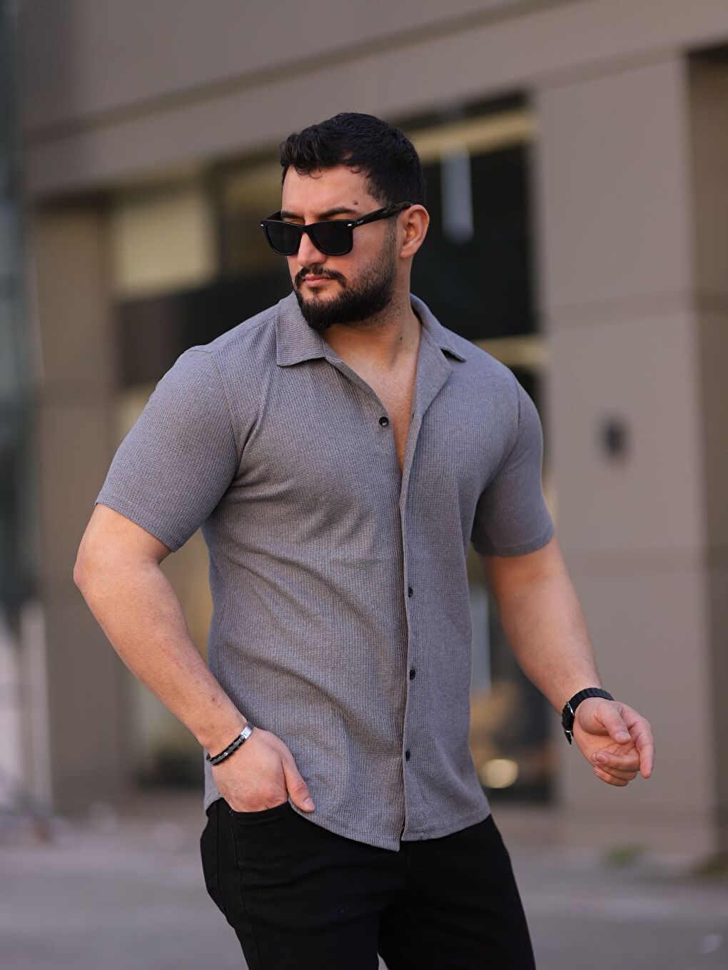 Erkek Gri Örme Kısa Kollu Erkek Gömlek-1
