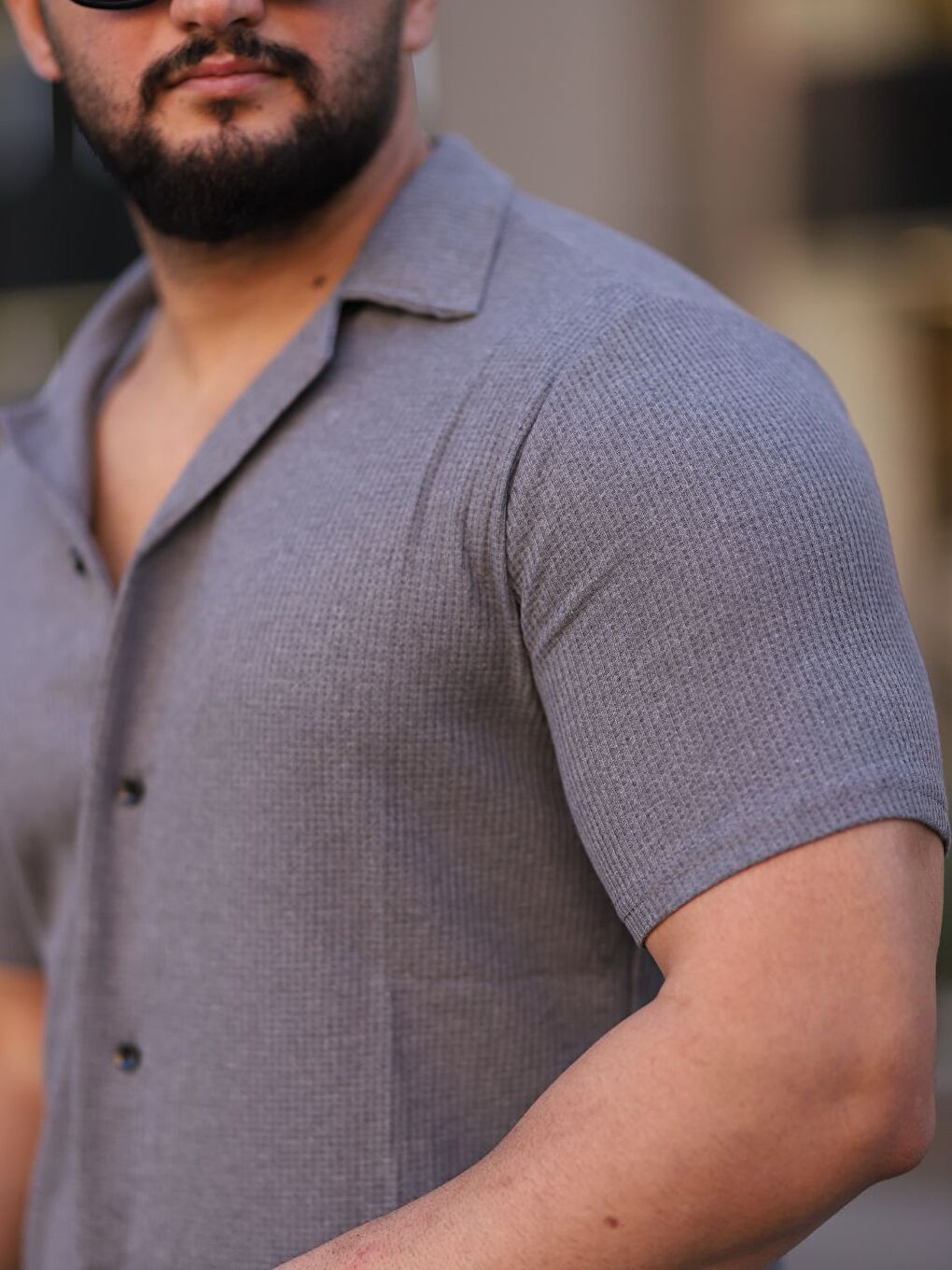 Erkek Gri Örme Kısa Kollu Erkek Gömlek-2