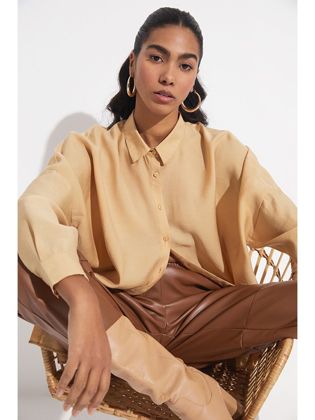 Kahverengi Kadın Exclusive Boyfriend Geniş Kalıp Karışımlı Gömlek-3